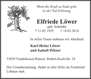 Anzeige von Elfriede Löwer von  Extra Blatt 