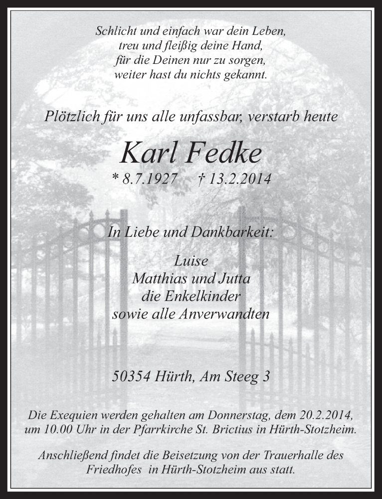  Traueranzeige für Karl Fedke vom 19.02.2014 aus  Wochenende 