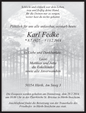 Anzeige von Karl Fedke von  Wochenende 