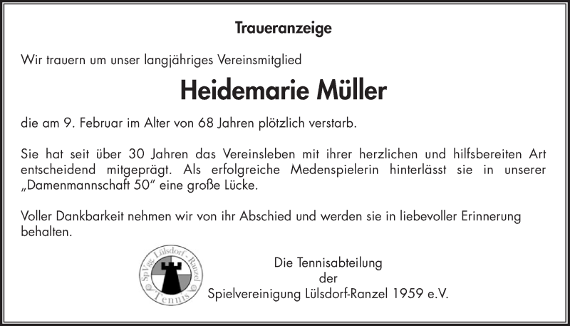  Traueranzeige für Heidemarie Müller vom 19.02.2014 aus  Extra Blatt 