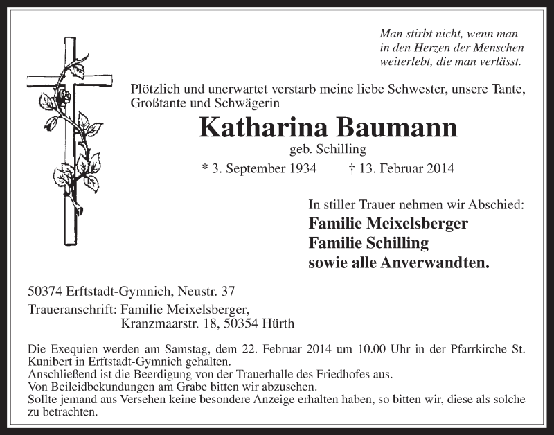  Traueranzeige für Katharina Baumann vom 19.02.2014 aus  Wochenende  Werbepost 