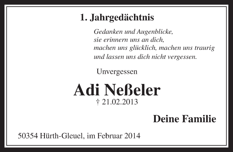  Traueranzeige für Adi Neßeler vom 19.02.2014 aus  Wochenende  Werbepost 