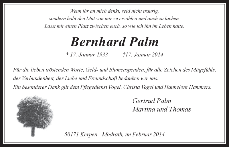  Traueranzeige für Bernhard Palm vom 19.02.2014 aus  Werbepost 