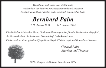 Anzeige von Bernhard Palm von  Werbepost 