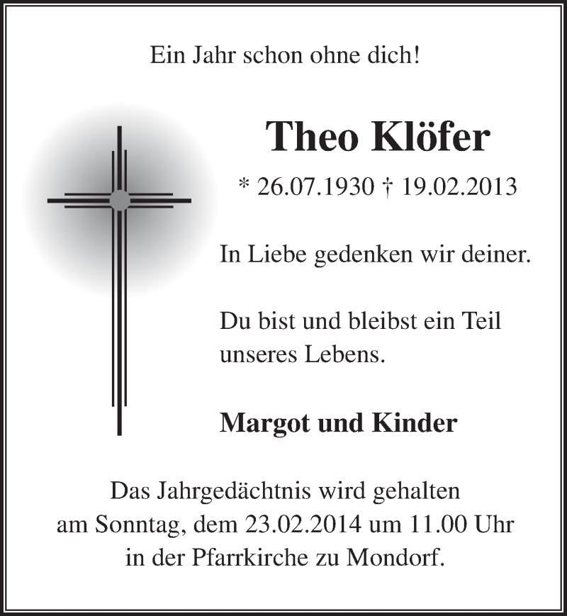  Traueranzeige für Theo Klöfer vom 19.02.2014 aus  Extra Blatt 