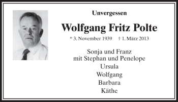 Anzeige von Wolfgang Fritz Polte von  Sonntags-Post 