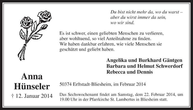  Traueranzeige für Anna Hünseler vom 19.02.2014 aus  Werbepost 
