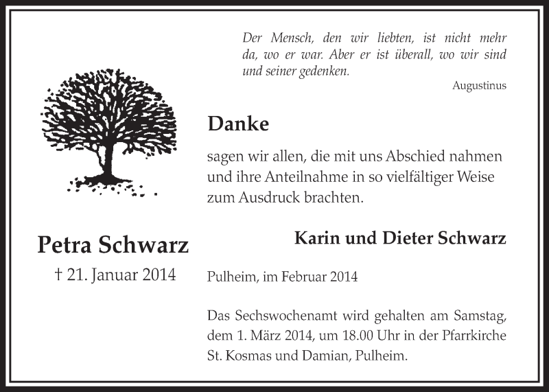  Traueranzeige für Petra Schwarz vom 22.02.2014 aus  Sonntags-Post 