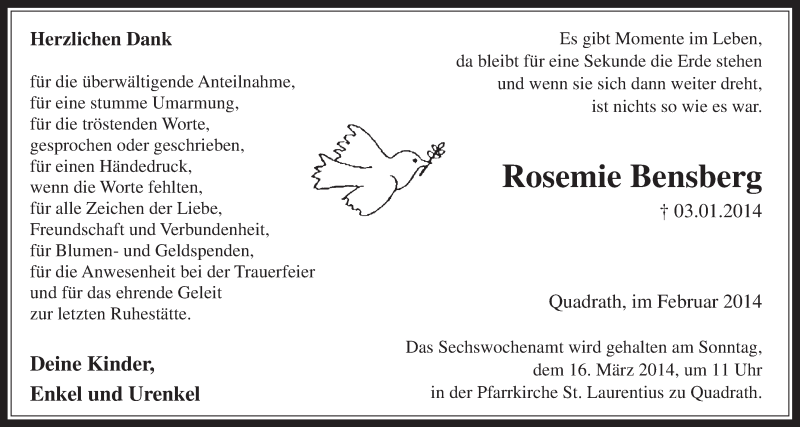  Traueranzeige für Rosemie Bensberg vom 05.03.2014 aus  Werbepost 