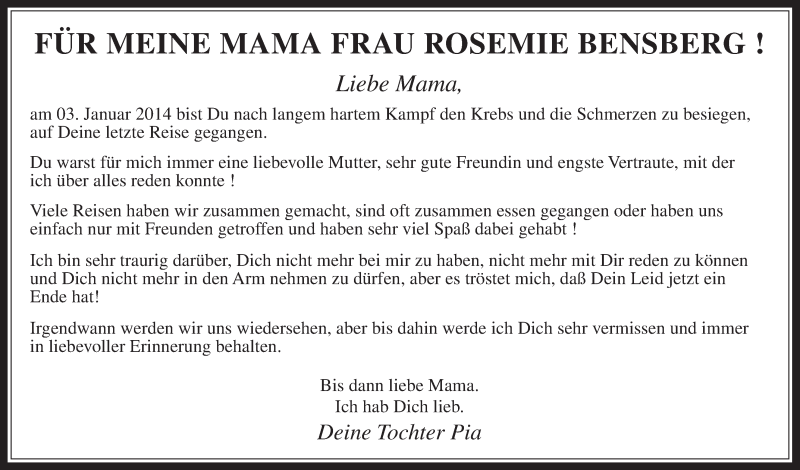  Traueranzeige für Rosemie Bensberg vom 05.03.2014 aus  Werbepost 