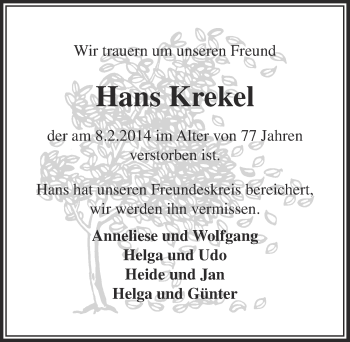 Anzeige von Hans Krekel von  Bergisches Handelsblatt 