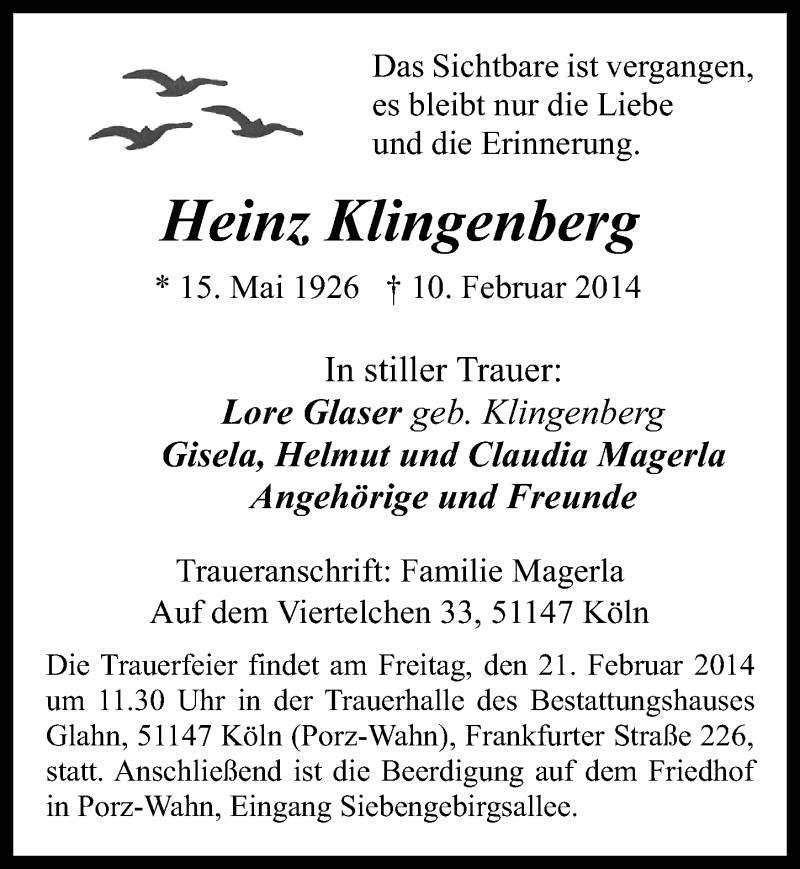 Traueranzeige für Heinz Klingenberg vom 19.02.2014 aus  Kölner Wochenspiegel 