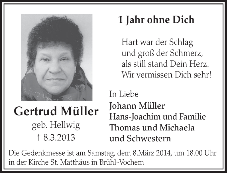  Traueranzeige für Gertrud Müller vom 05.03.2014 aus  Schlossbote/Werbekurier 