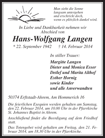 Anzeige von Hans-Wolfgang Langen von  Werbepost 