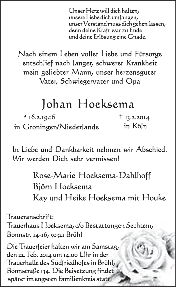  Traueranzeige für Johan Hoeksema vom 19.02.2014 aus  Schlossbote/Werbekurier 