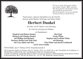Anzeige von Herbert Dunkel von  Wochenende 