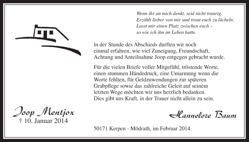  Traueranzeige für Joop Mentjox vom 19.02.2014 aus  Werbepost 