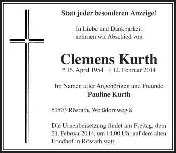 Anzeige von Clemens Kurth von  Bergisches Handelsblatt 