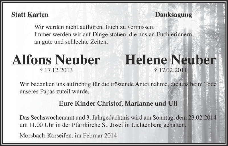  Traueranzeige für Alfons Neuber vom 19.02.2014 aus  Lokalanzeiger 