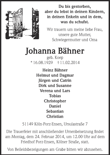 Anzeige von Johanna Bähner von  Kölner Wochenspiegel 