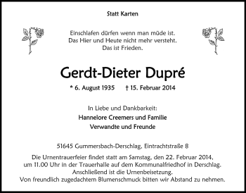 Anzeige von Gerdt-Dieter Dupre von  Anzeigen Echo 