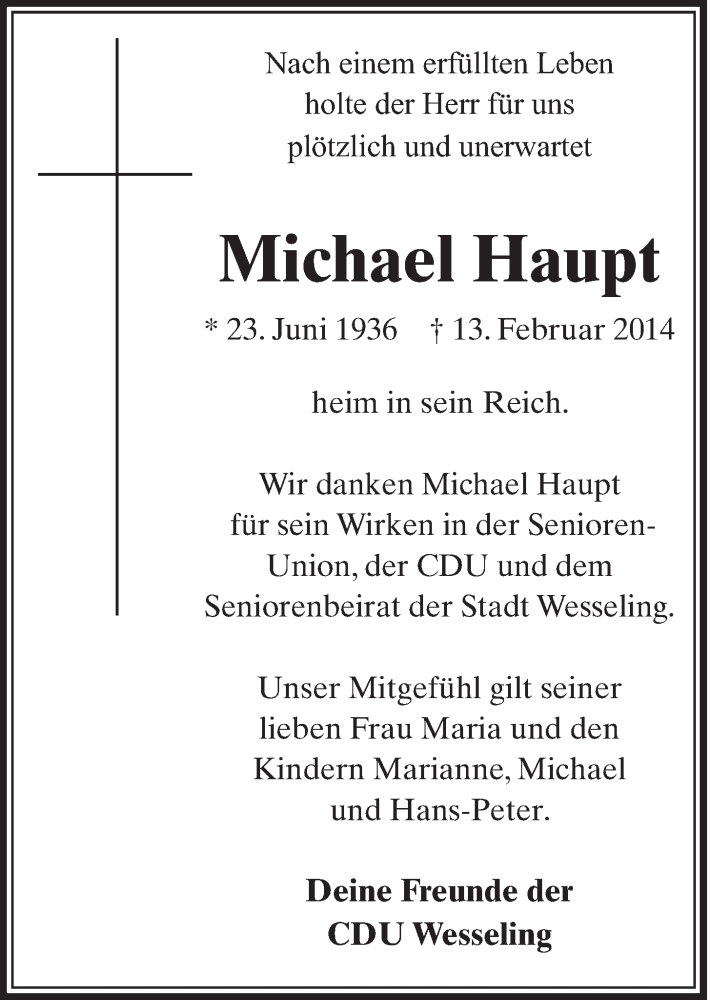  Traueranzeige für Michael Haupt vom 19.02.2014 aus  Schlossbote/Werbekurier 