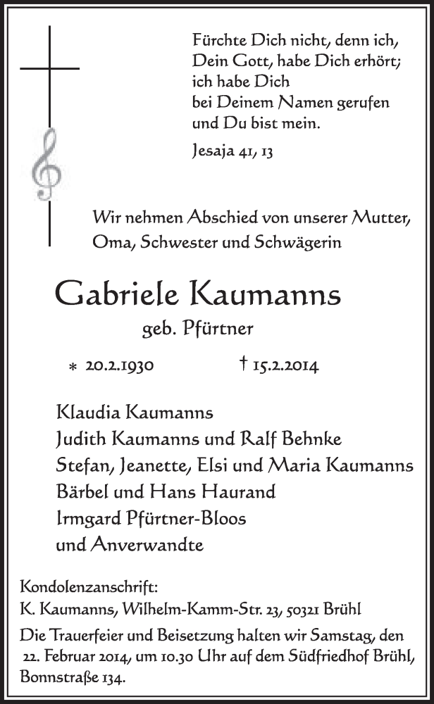  Traueranzeige für Gabriele Kaumanns vom 19.02.2014 aus  Schlossbote/Werbekurier 