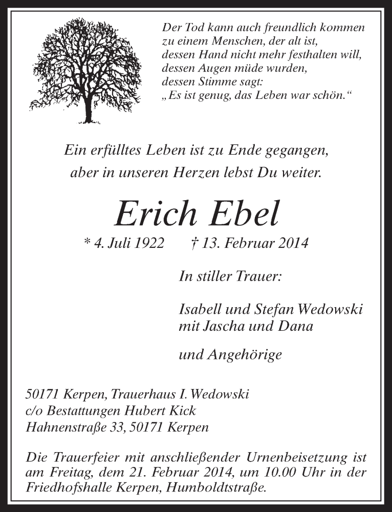  Traueranzeige für Erich Ebel vom 19.02.2014 aus  Werbepost 