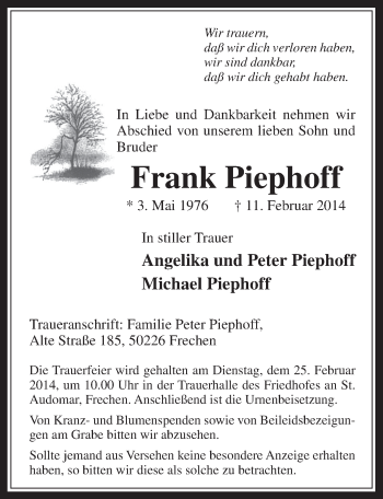 Anzeige von Frank Piephoff von  Wochenende 