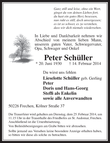 Anzeige von Peter Schüller von  Wochenende 