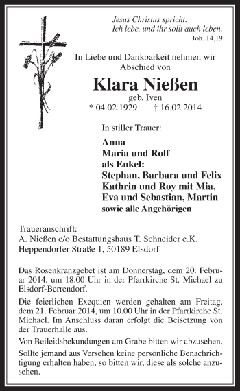 Anzeige von Klara Nießen von  Werbepost 