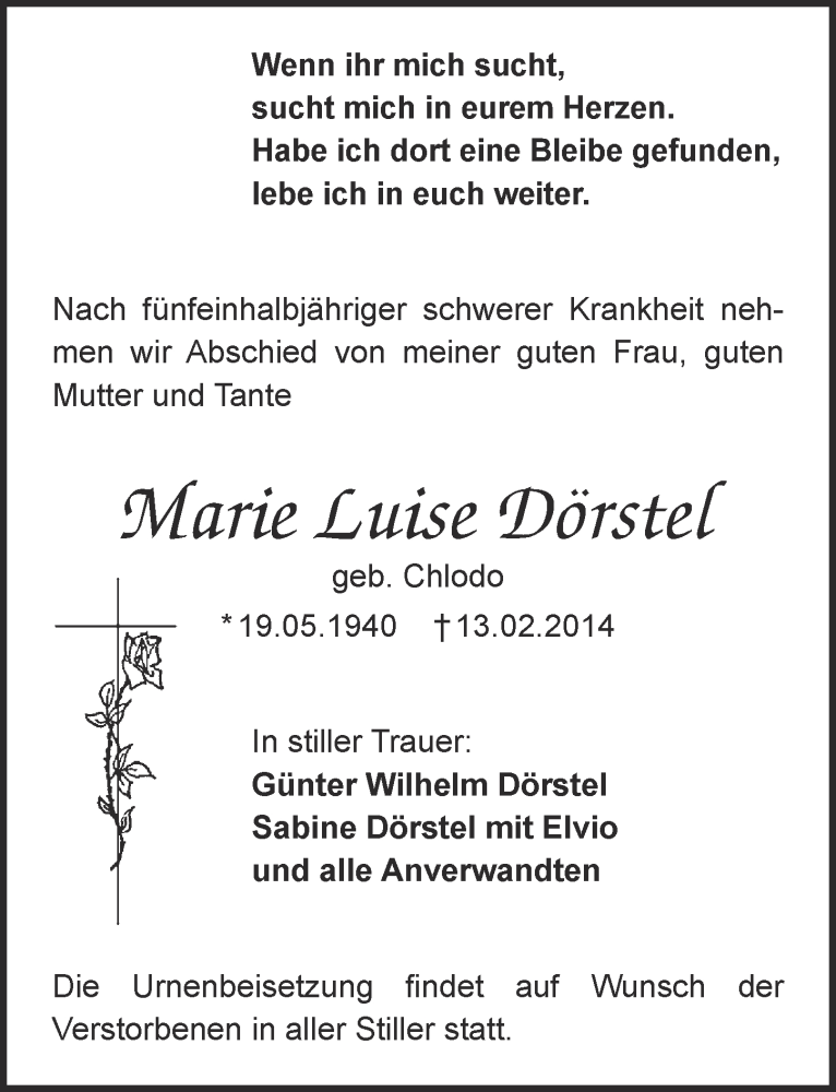  Traueranzeige für Marie Luise Dörstel vom 19.02.2014 aus  Kölner Wochenspiegel 