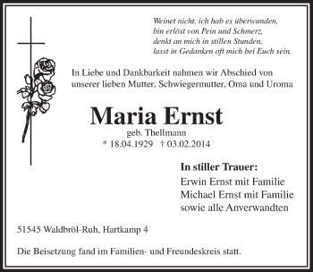 Anzeige von Maria Ernst von  Lokalanzeiger 