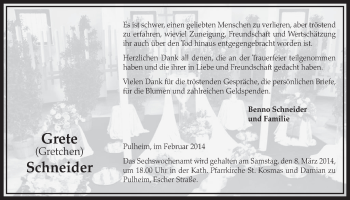Anzeige von Grete Schneider von  Sonntags-Post 