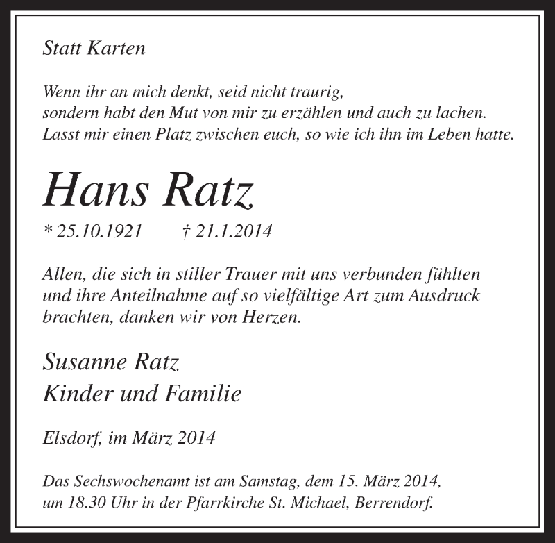  Traueranzeige für Hans Ratz vom 05.03.2014 aus  Werbepost 