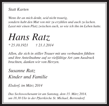 Anzeige von Hans Ratz von  Werbepost 