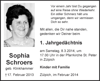 Anzeige von Sophia Schroers von  Blickpunkt Euskirchen 
