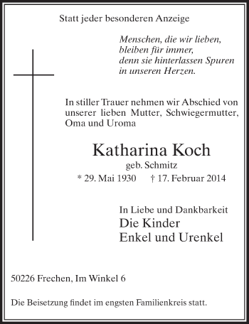 Anzeige von Katharina Koch von  Sonntags-Post 