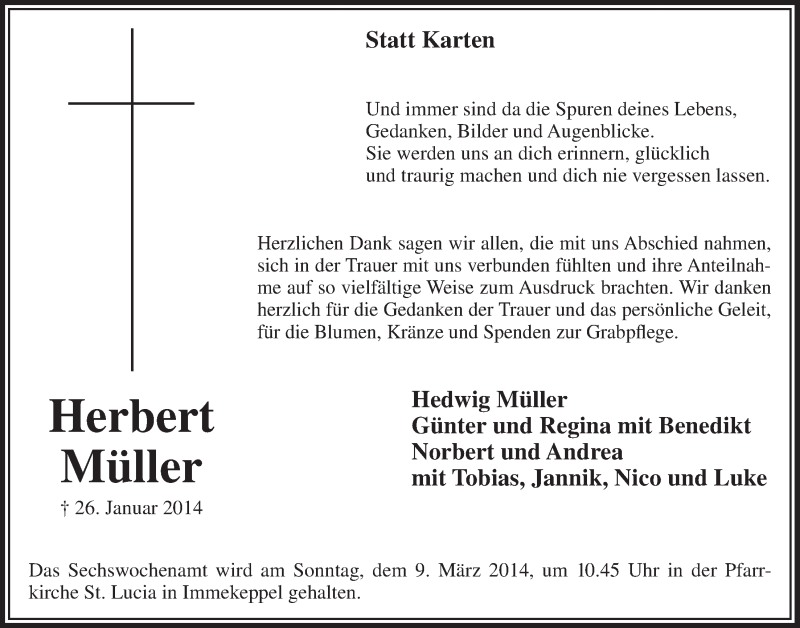 Traueranzeige für Herbert Müller vom 05.03.2014 aus  Bergisches Handelsblatt 