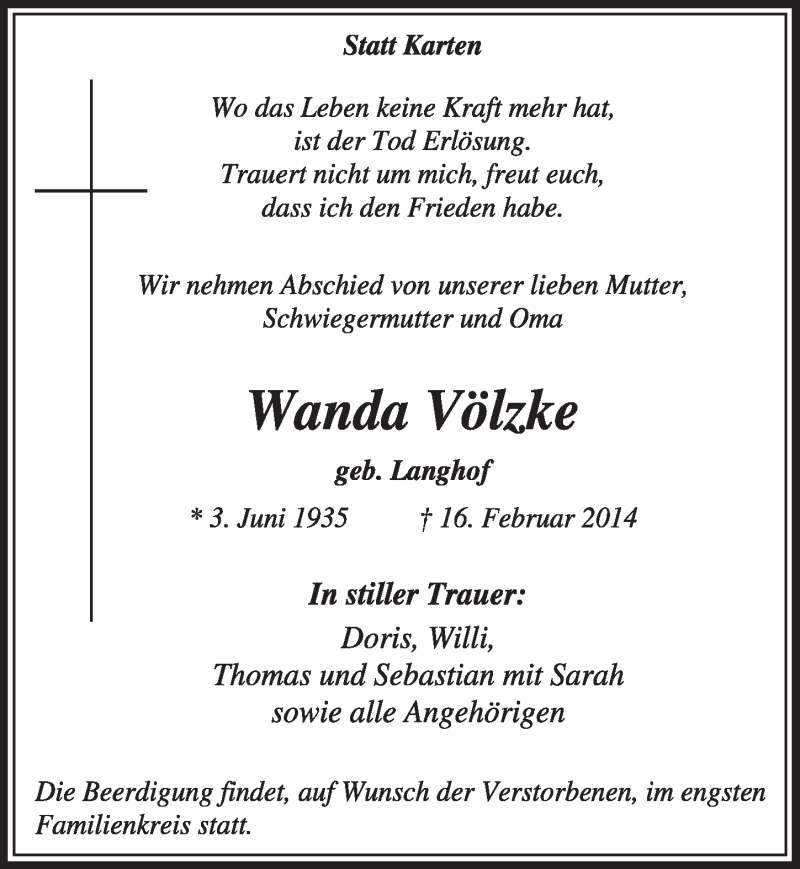  Traueranzeige für Wanda Völzke vom 22.02.2014 aus  Sonntags-Post 