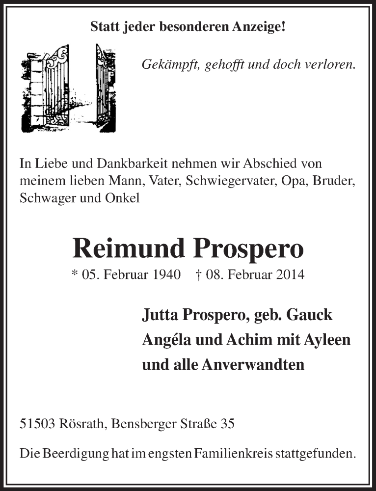  Traueranzeige für Reimund Prospero vom 26.02.2014 aus  Bergisches Handelsblatt 