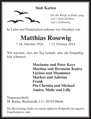 Anzeige von Matthias Rosewig von  Wochenende 