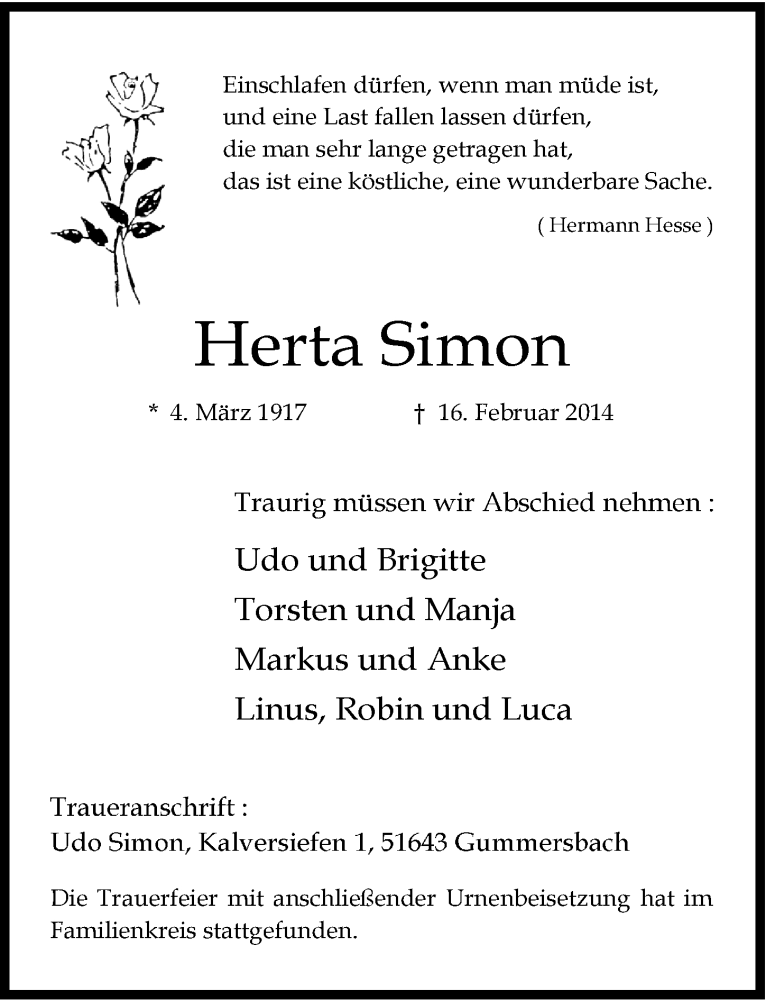  Traueranzeige für Herta Simon vom 26.02.2014 aus  Anzeigen Echo 