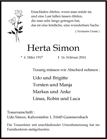 Anzeige von Herta Simon von  Anzeigen Echo 