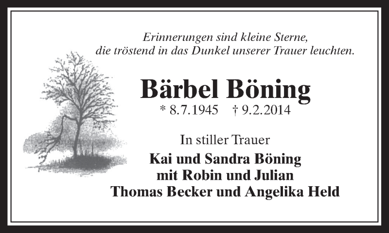  Traueranzeige für Bärbel Böning vom 26.02.2014 aus  Kölner Wochenspiegel 