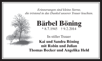 Anzeige von Bärbel Böning von  Kölner Wochenspiegel 