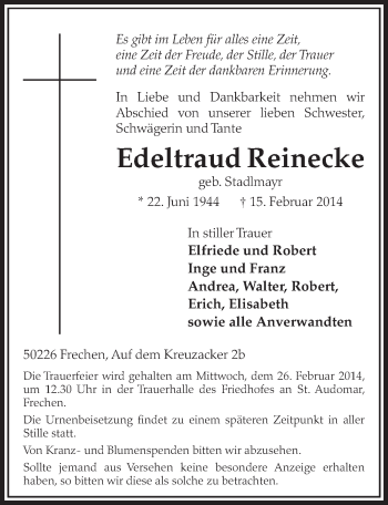 Anzeige von Edeltraud Reinecke von  Sonntags-Post 