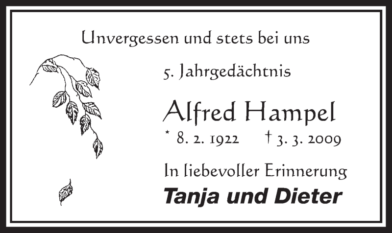  Traueranzeige für Alfred Hampe vom 26.02.2014 aus  Schlossbote/Werbekurier 