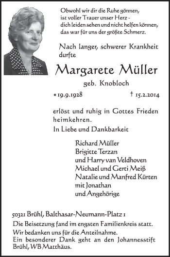 Anzeige von Margarete Müller von  Schlossbote/Werbekurier 