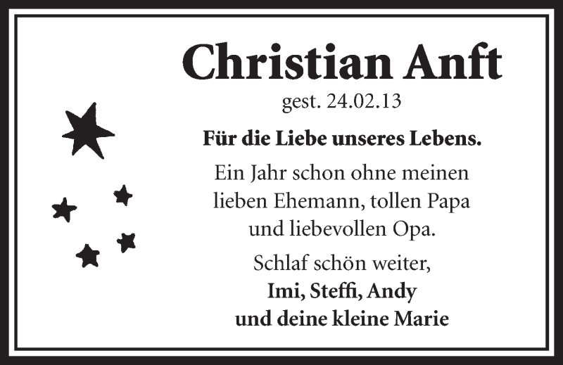 Traueranzeige für Christian Anft vom 26.02.2014 aus  Schlossbote/Werbekurier 
